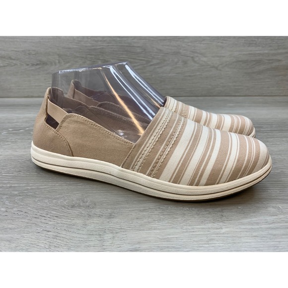 Clarks Shoes - Clarks Cloudsteppers Women's 8.5 Tan Striped Slip On Sneakers Comfort Shoes